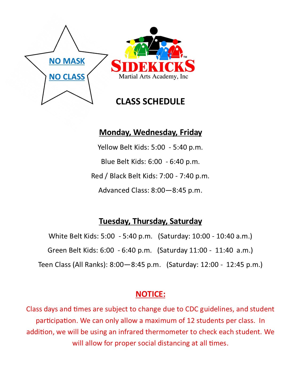 Sidekicks Class Schedule July 2020