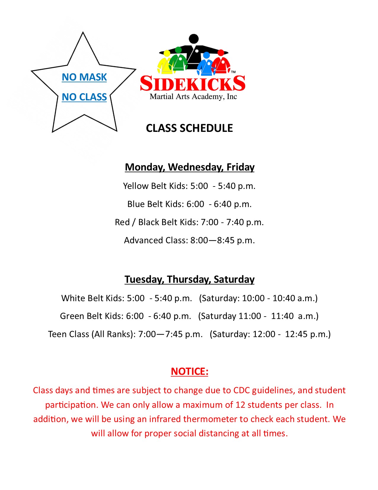 Sidekicks Class Schedule 2020